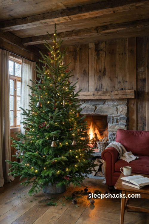 Real evergreen Christmas tree with warm white lights wooden ornaments and rustic cabin decor