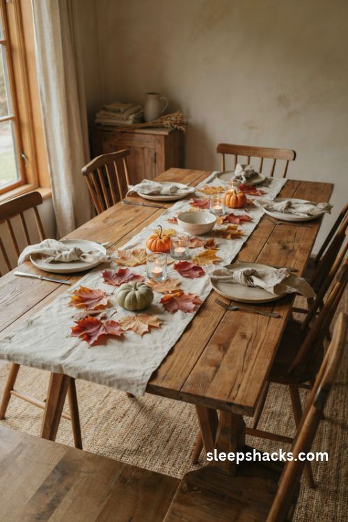 Real fall leaf table runner with colorful autumn leaves and votive candles for Thanksgiving