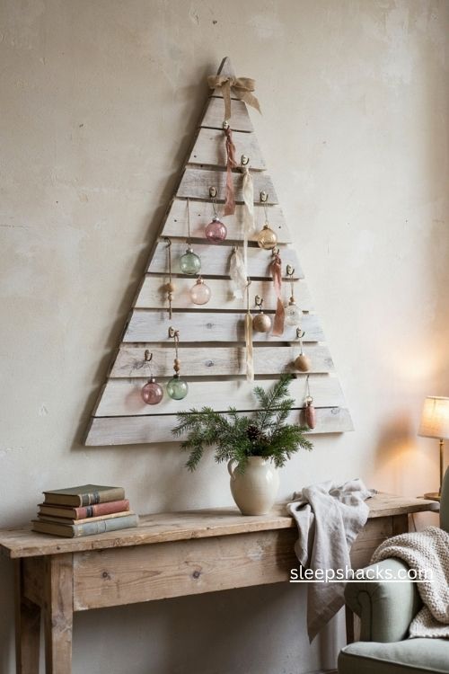 Reclaimed pallet Christmas tree with built in warm white fairy lights on a rustic farmhouse porch