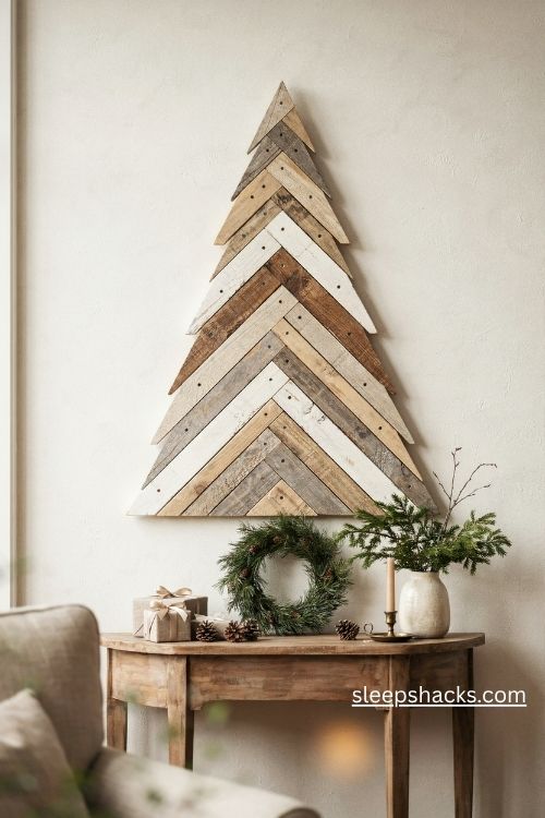 Reclaimed wood chevron christmas tree in mixed weathered tones above a rustic console table 