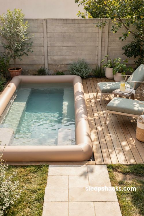 Rectangular adult inflatable pool with built in seats and resort style backyard seating