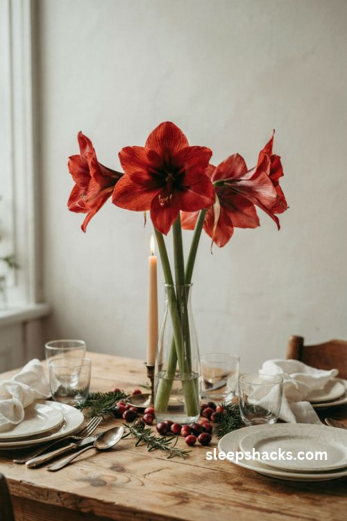 Red amaryllis centerpiece in a tall glass vase with cranberries for Christmas table decor
