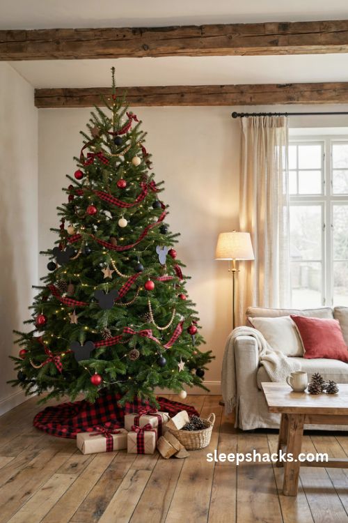 Red and black buffalo plaid mickey mouse christmas tree with rustic farmhouse decor