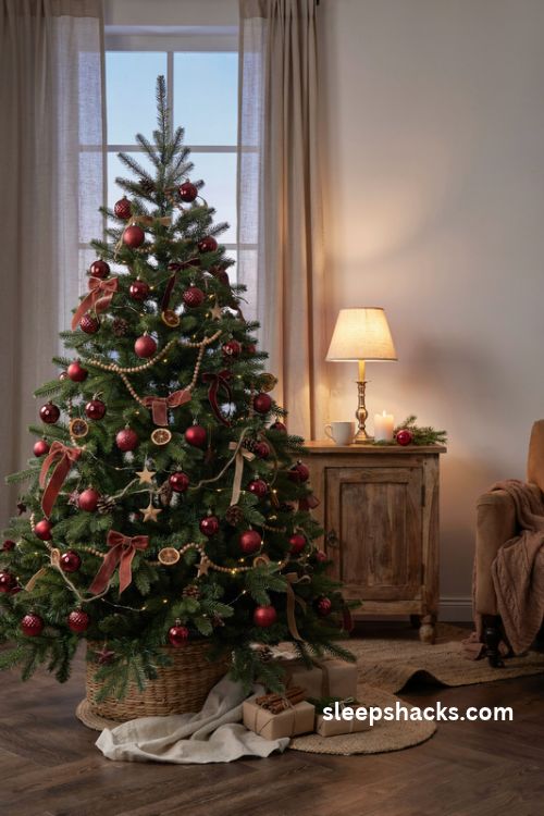 Red and brown Christmas tree with cranberry ornaments wooden beads and cinnamon velvet bows in a cozy rustic living room