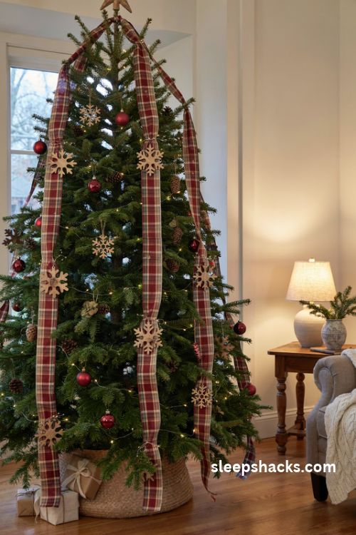 Red and brown plaid ribbon Christmas tree with wooden snowflake ornaments in a cozy small living room