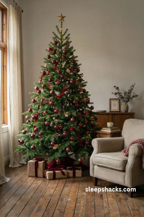 Red and burgundy christmas tree with velvet ribbon and warm vintage ornaments