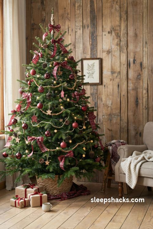 Red and burgundy plaid christmas tree with wooden ornaments and rustic pinecones