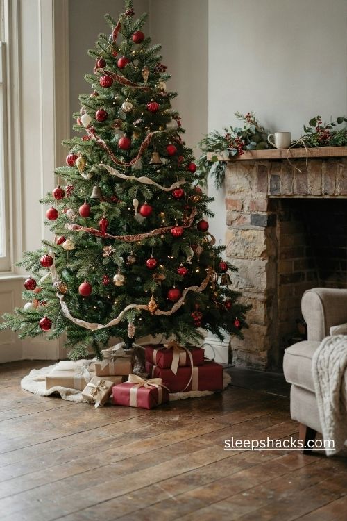 Red and gold christmas tree ideas with vintage ornaments and warm traditional holiday decor