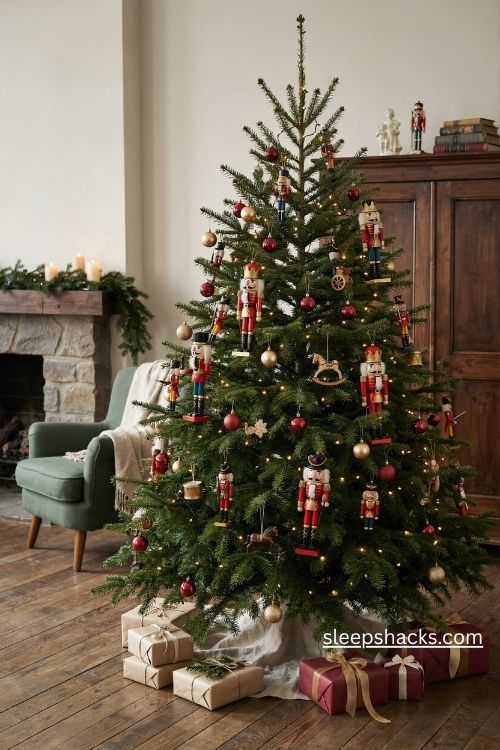 Red and gold christmas tree with nutcracker ornaments toy soldiers and wooden horses
