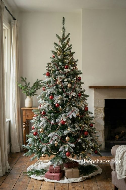 Red and gold glass bead garland on a flocked christmas tree with vintage ornaments