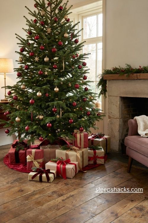 Red and gold wrapped christmas gifts beneath a traditional tree with velvet ribbon and warm lights