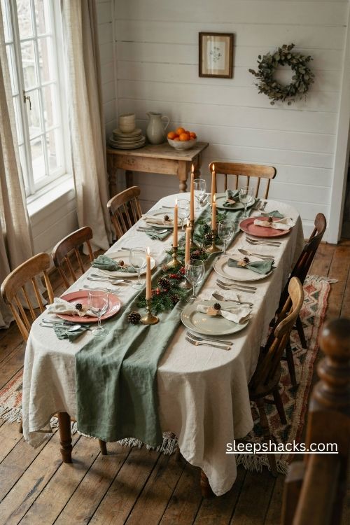 Red and green Christmas table setup with cranberry napkins sage greenery and cream tablecloth