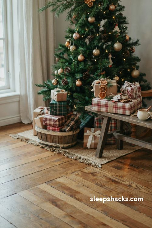 Red and green plaid Christmas gift wrapping with kraft paper packages and rustic natural decorations