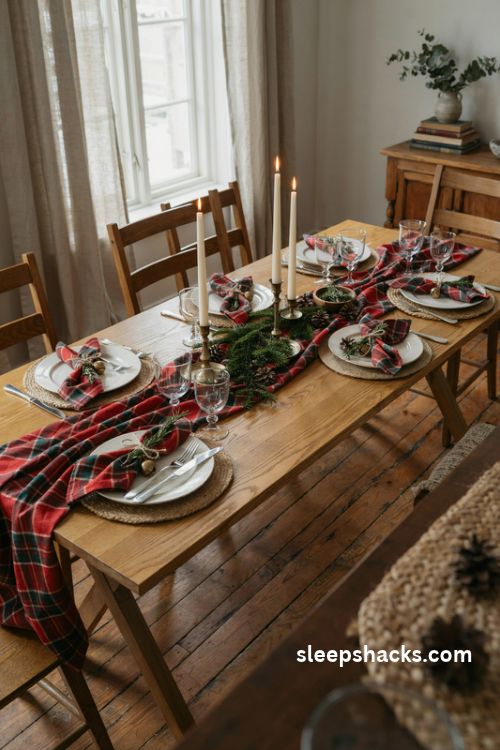 Red and green plaid Christmas table runner with matching napkins and cozy farmhouse table settings