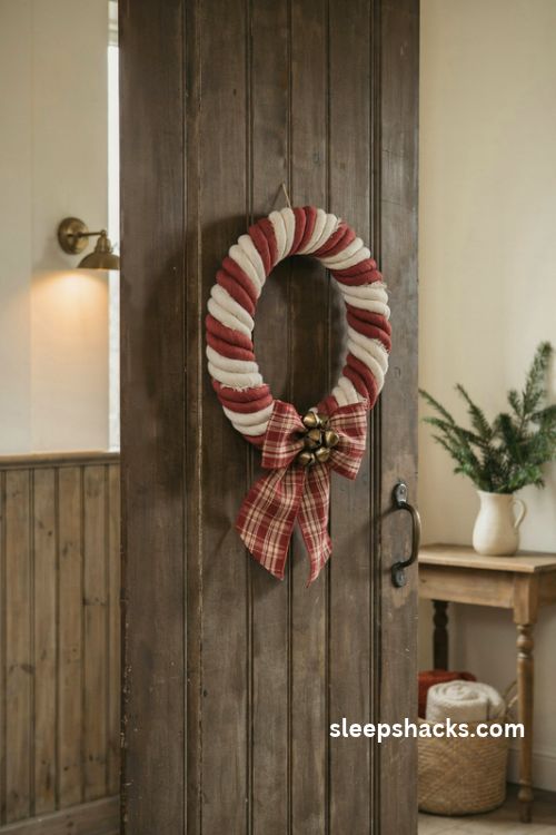 Red and white candy cane macrame christmas wreath with plaid bow and tiny jingle bells