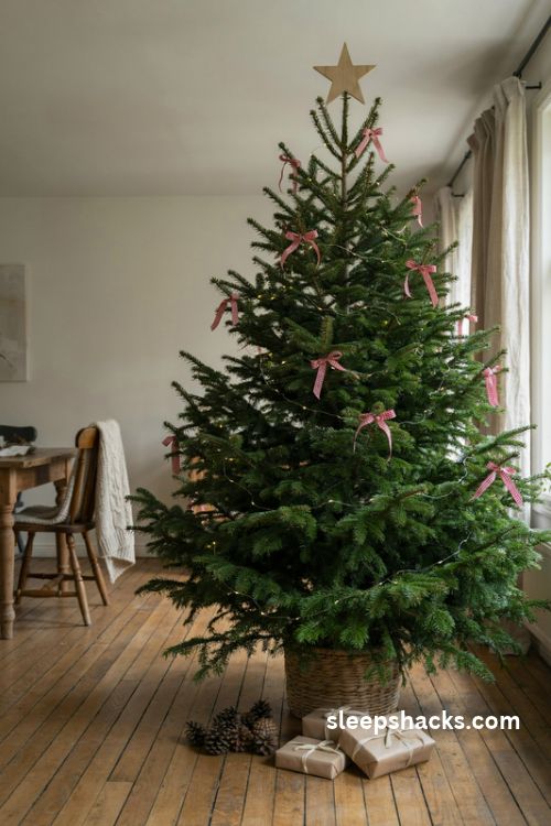 Red and white gingham bow Christmas tree with wooden star and cozy farmhouse decor