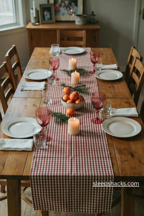 Red and white gingham christmas table runner with simple farmhouse place settings
