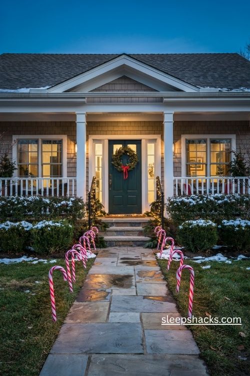 Red and white illuminated candy cane path markers lining a cozy christmas front yard walkway