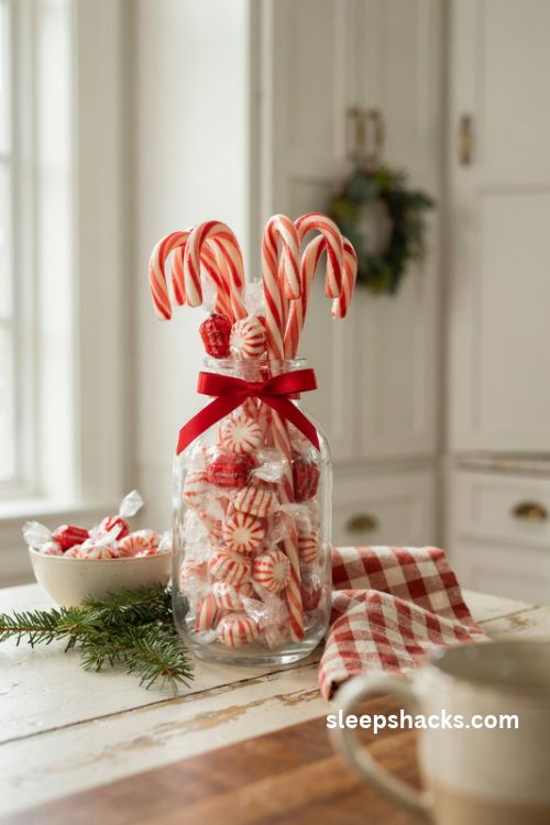 Red and white peppermint candies and candy canes in a festive Christmas vase