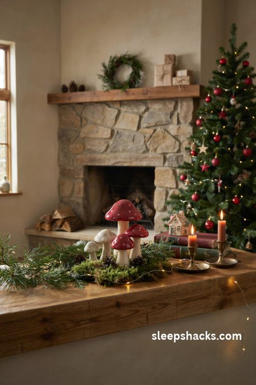 Red and white toadstool mushroom Christmas decor with woodland greenery pinecones and whimsical cottage mantel styling