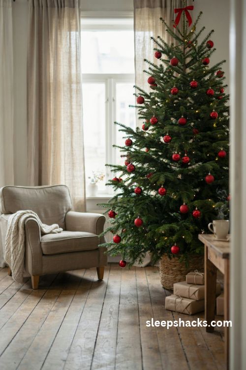 Red ball ornaments on a traditional green Christmas tree with a simple red ribbon bow