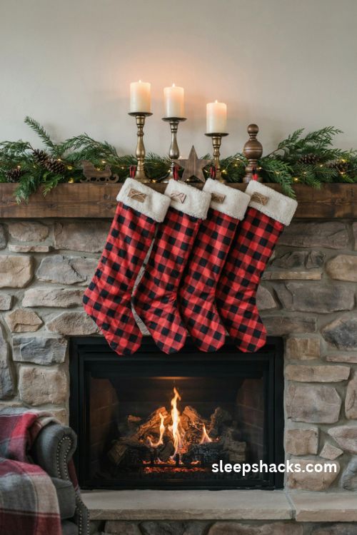 Red buffalo check christmas stockings with sherpa cuffs on a rustic fireplace mantel