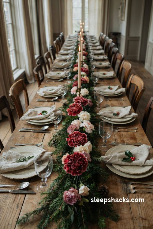 Red carnation Christmas garland runner with cedar greenery and brass candle holders