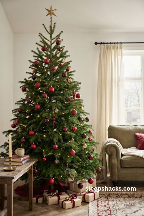 Red christmas tree with mixed finish ornaments in cherry crimson and burgundy