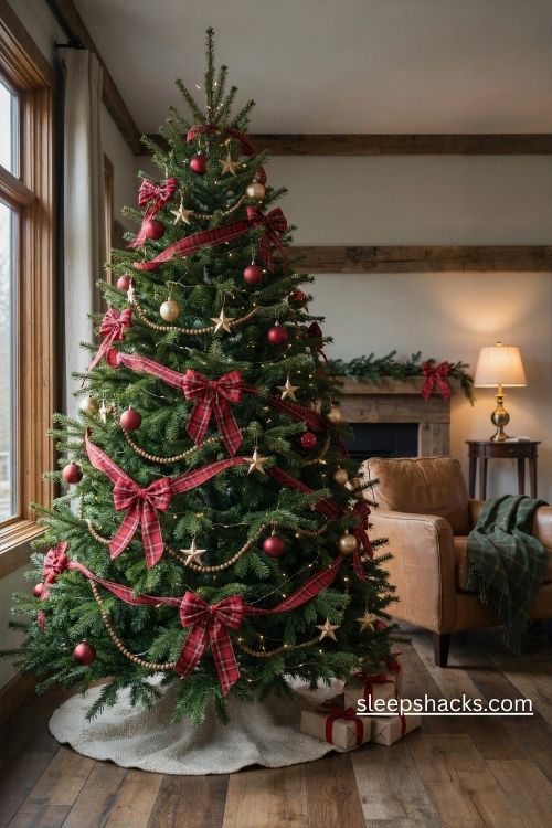 Red plaid ribbon and gold star christmas tree with rustic cabin inspired holiday decor