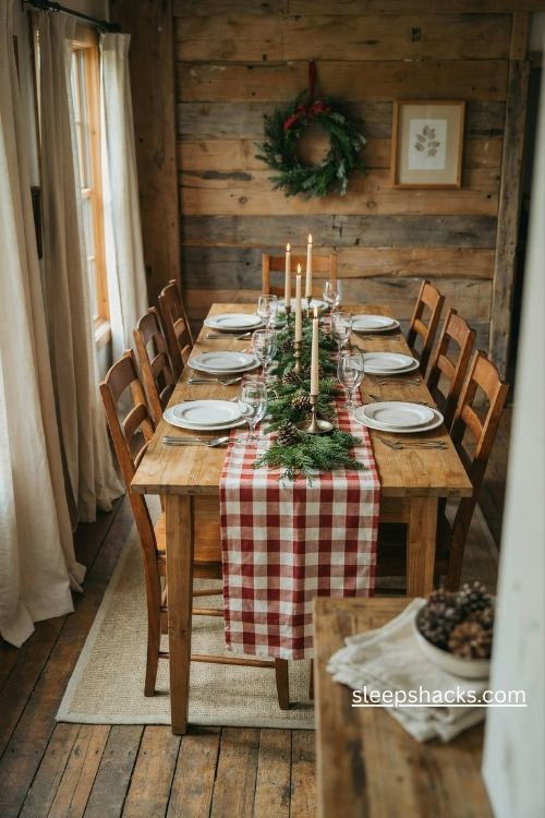 Red plaid table runner with white plates and greenery for a cozy christmas dinner