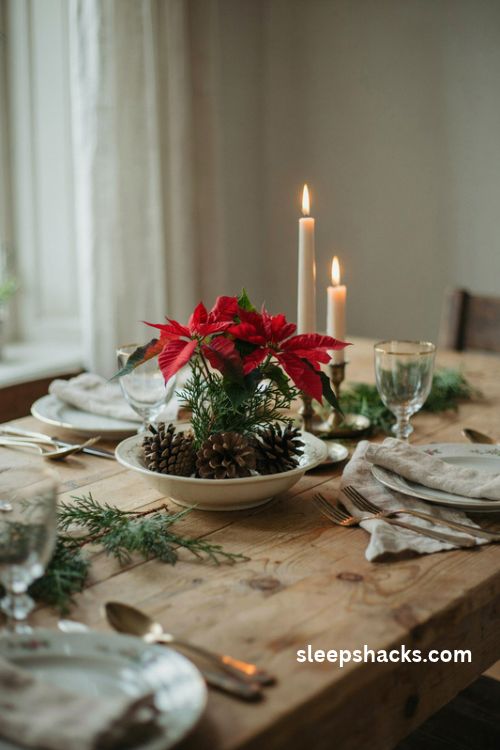 Red poinsettia centerpiece in a low cream bowl with cedar and pinecones for Christmas table decor