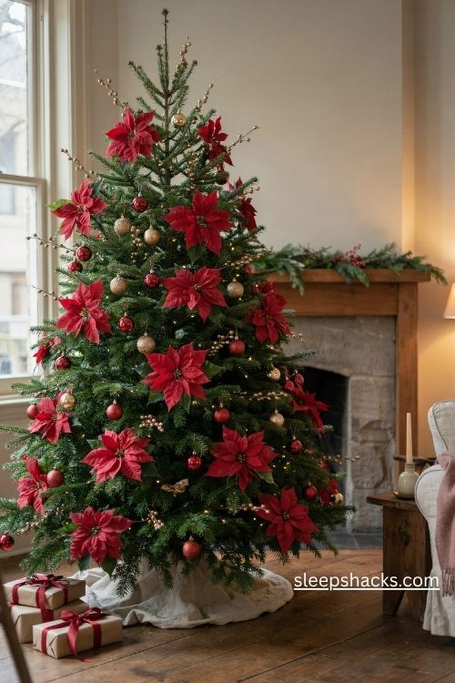 Red poinsettia stems and gold berries on a traditional christmas tree with warm lights