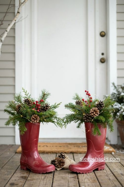 Red rain boots as Christmas door planters filled with pinecones greenery and warm white lights on a farmhouse porch