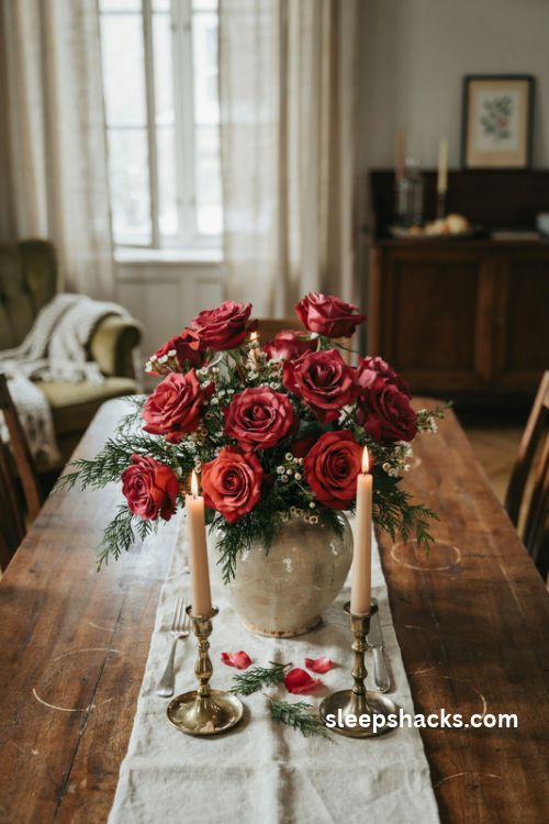 Red roses and evergreen sprigs in a romantic Christmas vase arrangement