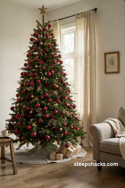Red to burgundy ombre christmas tree with cherry red ornaments and warm white lights