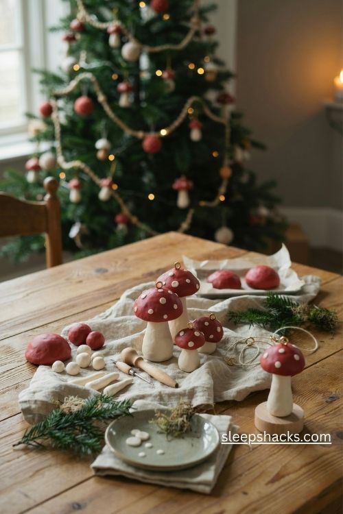 Red toadstool mushroom polymer clay christmas ornaments with white spots and woodland cottage charm