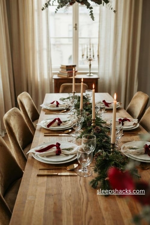 Red velvet bow napkin rings with ivory linen napkins for an elegant christmas table