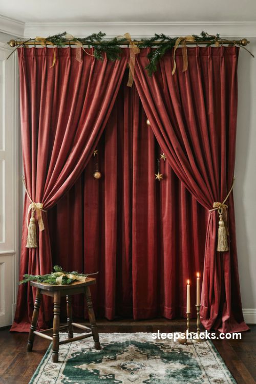 Red velvet curtain christmas backdrop with gold tassels and elegant vintage holiday decor