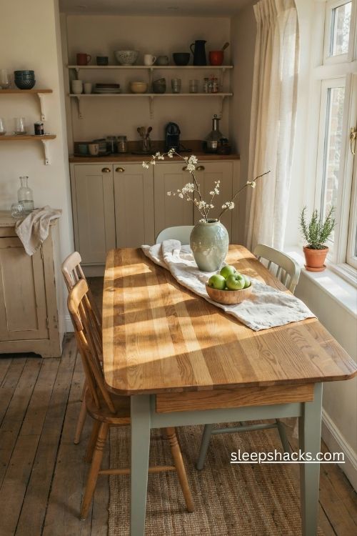 Refinished wood kitchen table with natural oak grain and soft sage green legs