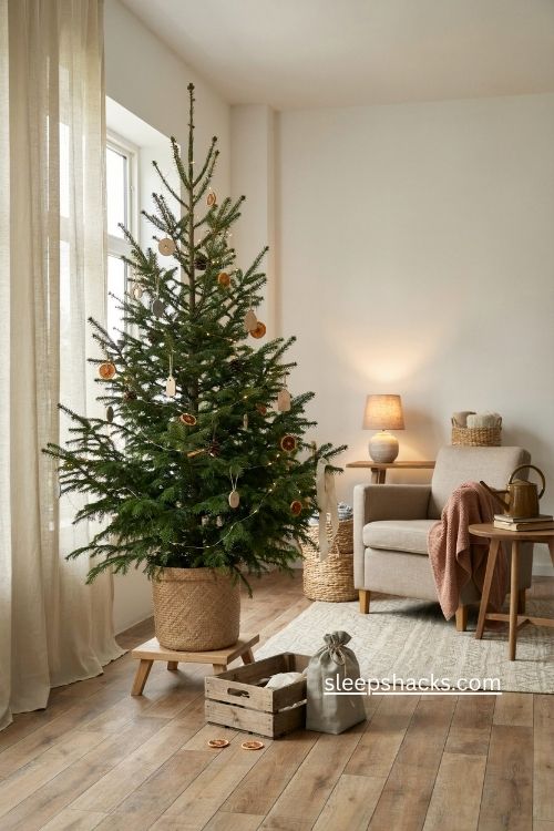 Rented living Christmas tree in a cozy planter with natural sustainable holiday decor