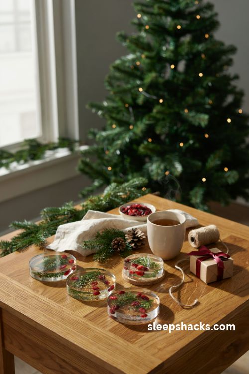 Resin Christmas coasters with embedded pine needles cranberries and festive glitter