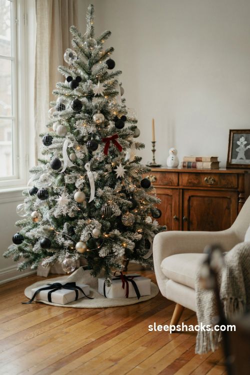 Retro black and white mickey mouse christmas tree with silver ornaments and red accents