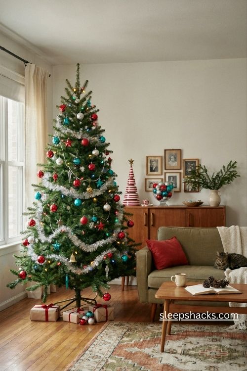 Retro christmas tree with shiny red silver and teal baubles vintage tinsel and colorful lights