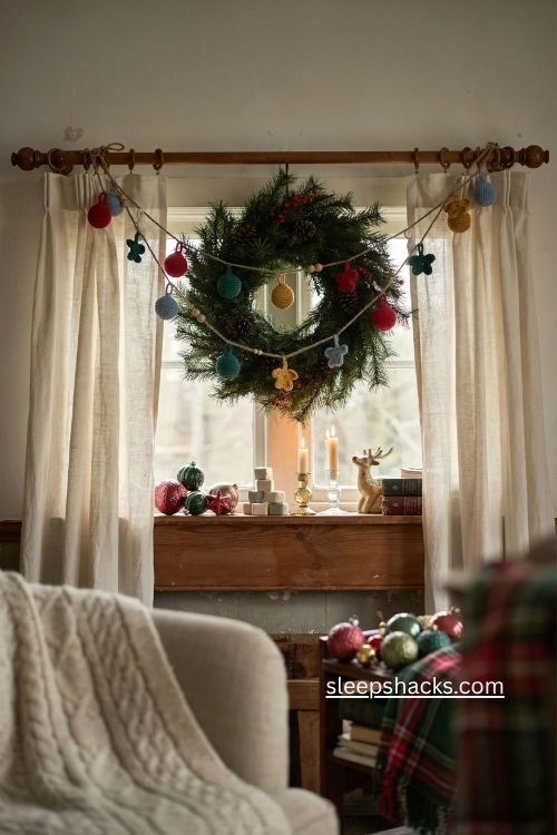 Retro crochet Christmas light bulb garland in red green yellow and blue