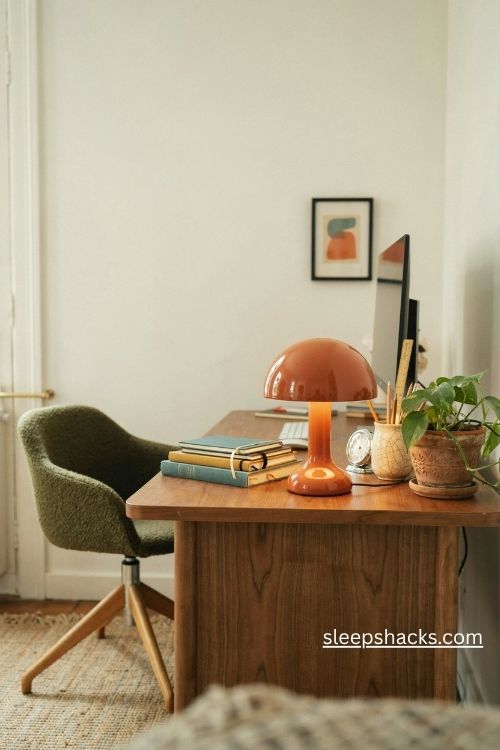 Retro desk lamp in a funky home office with an orange mushroom light and vintage decor 