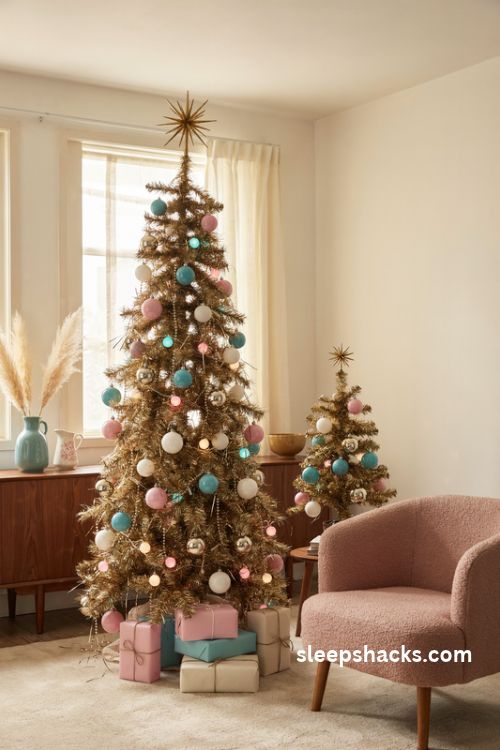 Retro gold tinsel christmas tree with pink turquoise ornaments and vintage bubble lights