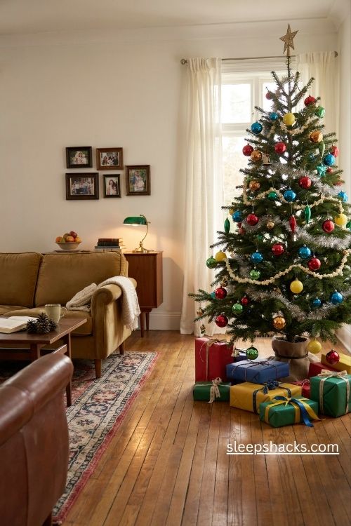 Retro multicolor Christmas tree with vintage glass baubles and chunky colorful lights