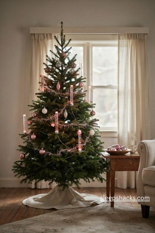 Retro pink Christmas bubble lights on a small vintage tree with nostalgic holiday decor
