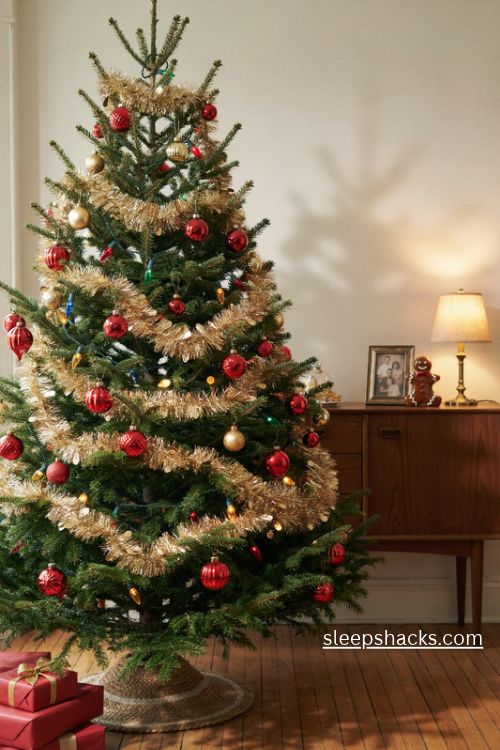 Retro red and gold christmas tree with vintage shiny brite ornaments and fluffy tinsel garland