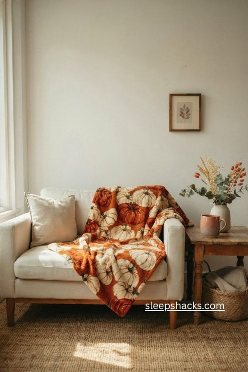 Reversible pumpkin throw in cream and orange on cozy sofa fall decor